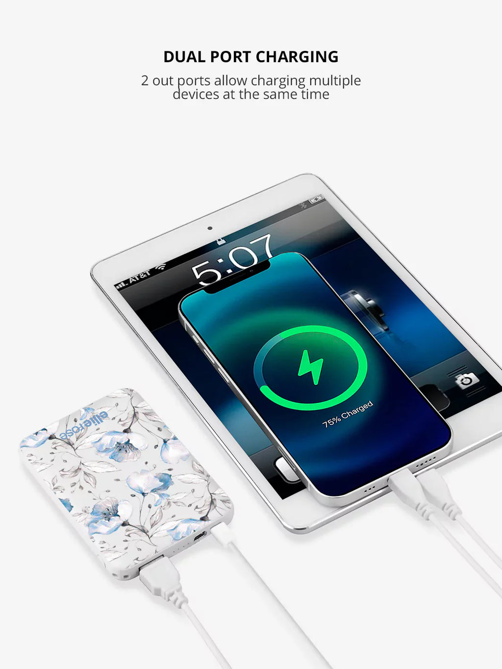 Blue Floral Power Bank 5000mah (USB-A + USB-C Ports)-4