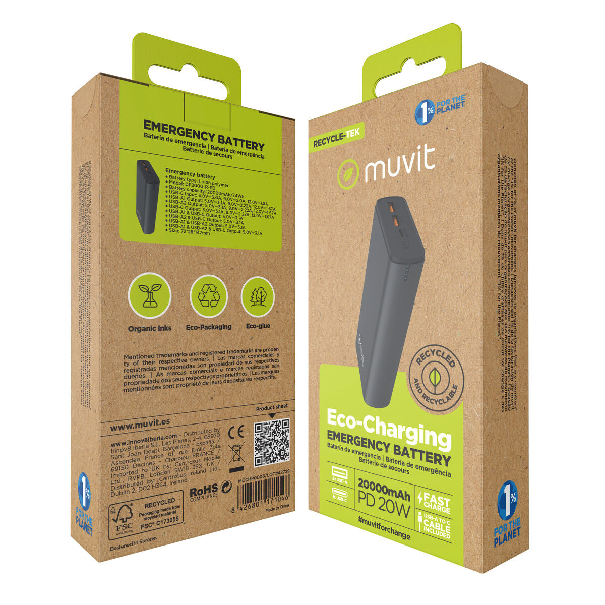 Powerbank Muvit for Change DP200G-R-PD Black 20 W-1